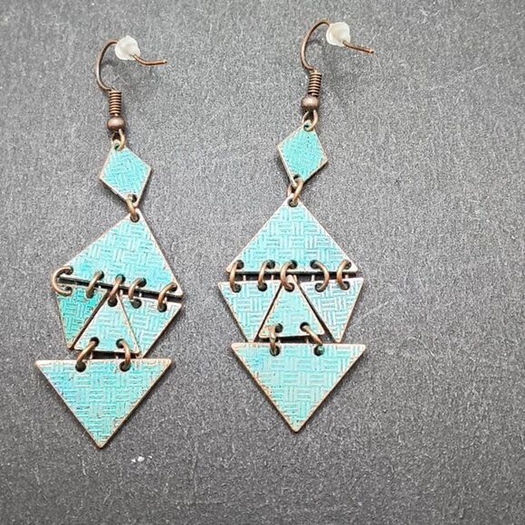 COPPER bronze abstract geometric boho earrings - Picture 3 of 4